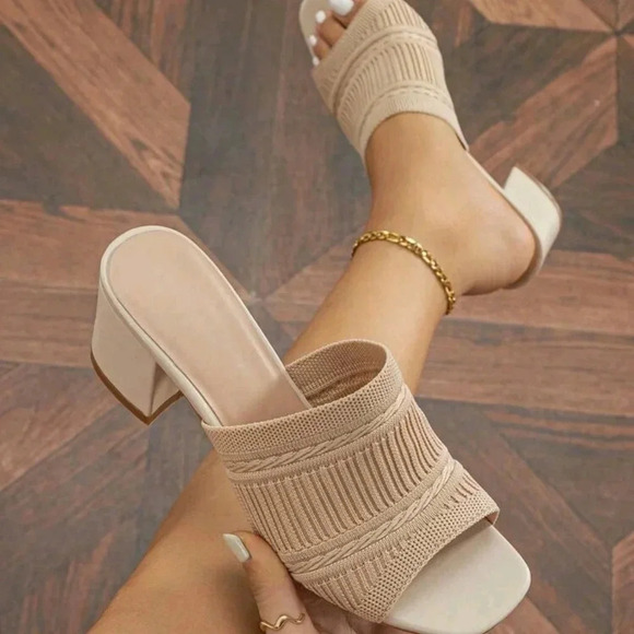 Shoes - Women Minimalist Mule Sandals, Fabric Chunky Heeled Elegant Sandals